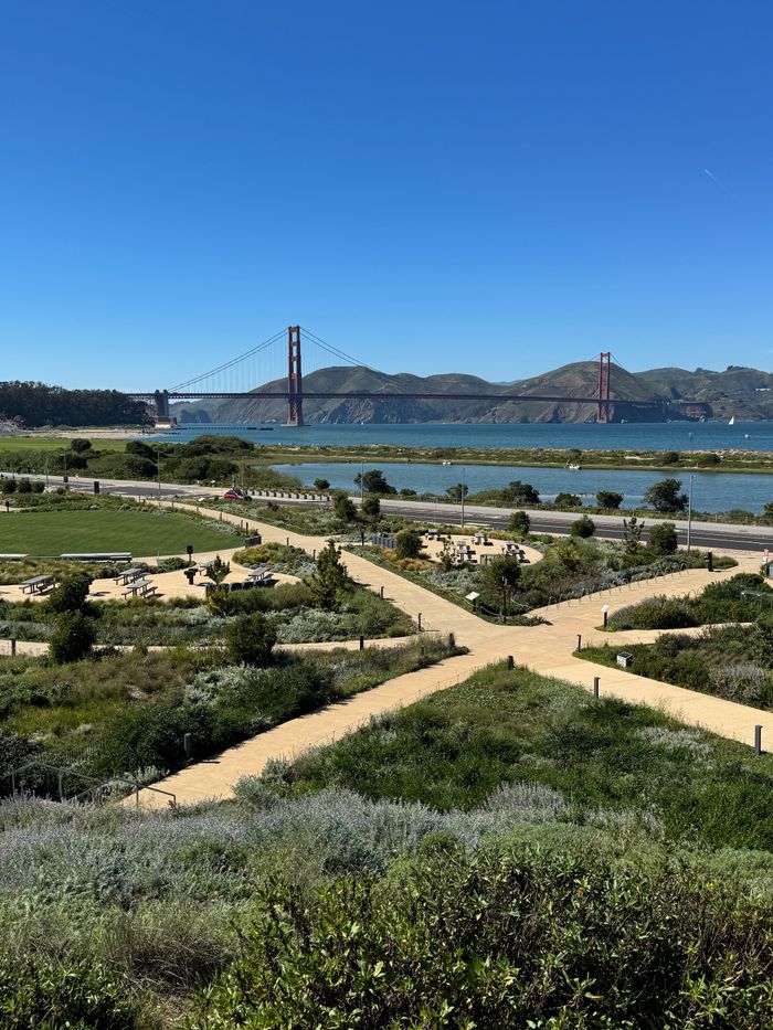Breathtaking view of the Golden Gate Bridge with lush park and clear blue sky in San Francisco.
